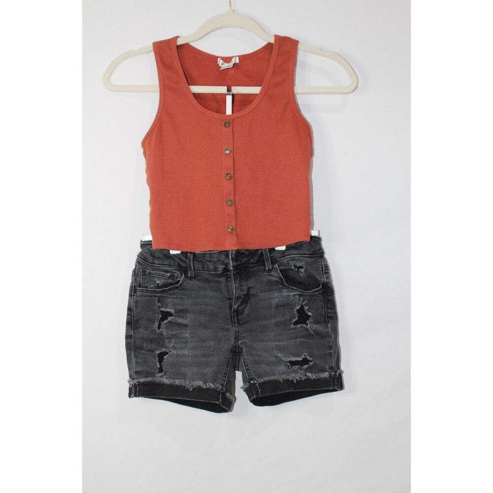 Tween Outfit Distressed Jean‎ shorts trendy tank 90's grunge Y2K sz10